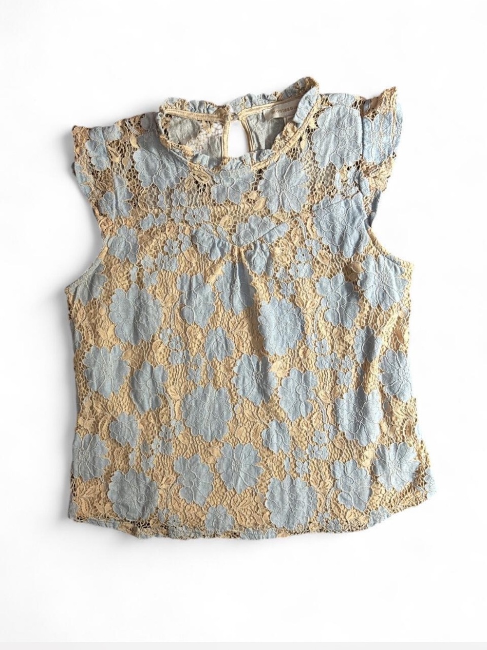 Monteau Los Angeles Blue Beige Floral Lace High Neck Top Size M